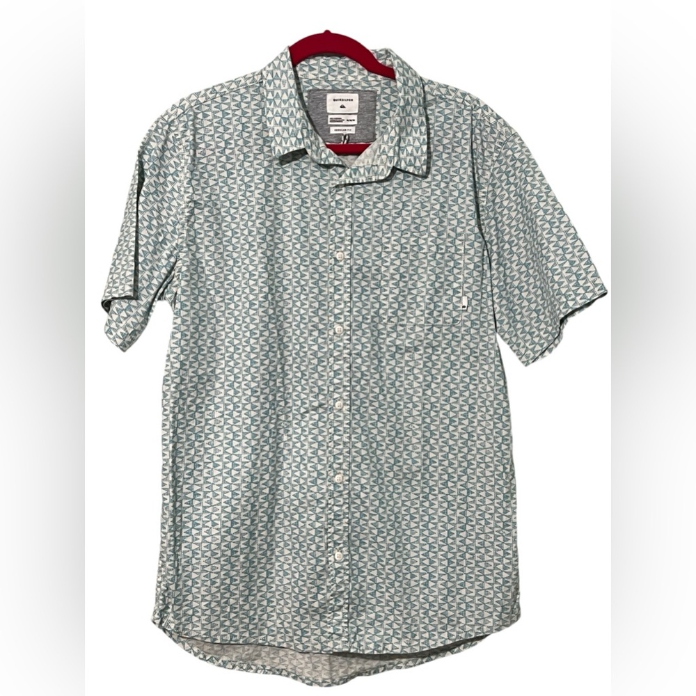 Quicksilver regular fit button down short sleeve polo shirt teal white medium
